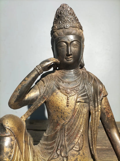 8"Tibetan Temple Collection Old Bronze Cinnabar Gilt Free Avalokitesvara Guanyin Bodhisattva Sitting Buddha Worship Hall