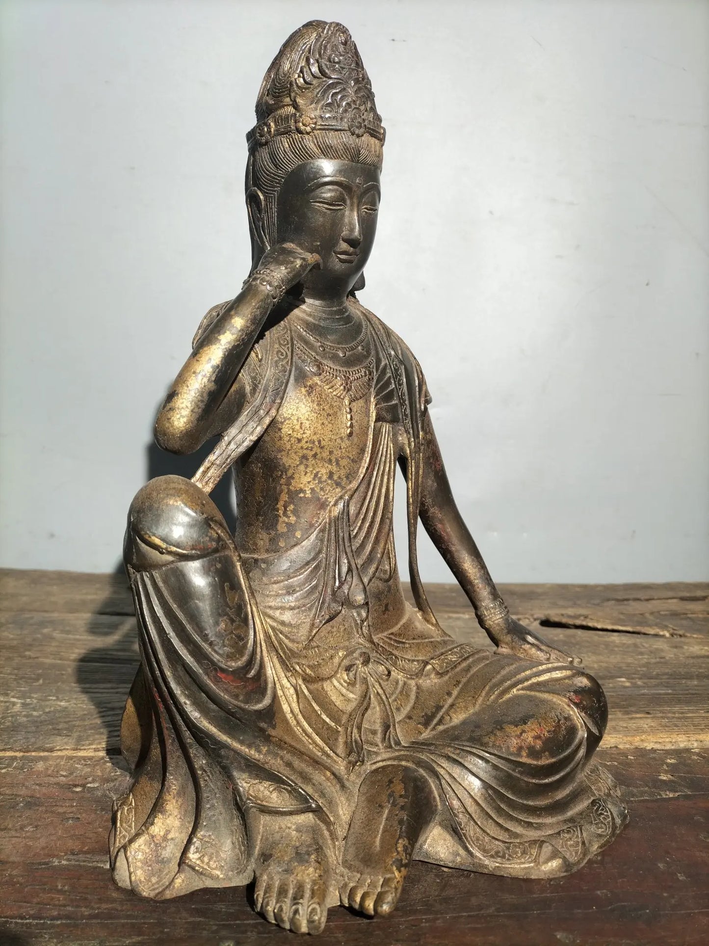 8"Tibetan Temple Collection Old Bronze Cinnabar Gilt Free Avalokitesvara Guanyin Bodhisattva Sitting Buddha Worship Hall