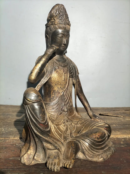 8"Tibetan Temple Collection Old Bronze Cinnabar Gilt Free Avalokitesvara Guanyin Bodhisattva Sitting Buddha Worship Hall