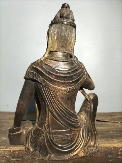 8"Tibetan Temple Collection Old Bronze Cinnabar Gilt Free Avalokitesvara Guanyin Bodhisattva Sitting Buddha Worship Hall