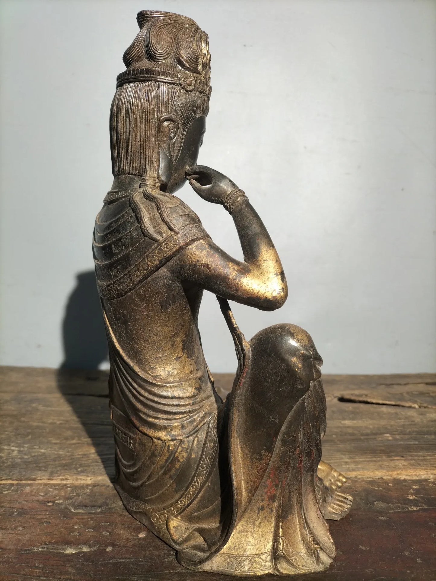8"Tibetan Temple Collection Old Bronze Cinnabar Gilt Free Avalokitesvara Guanyin Bodhisattva Sitting Buddha Worship Hall