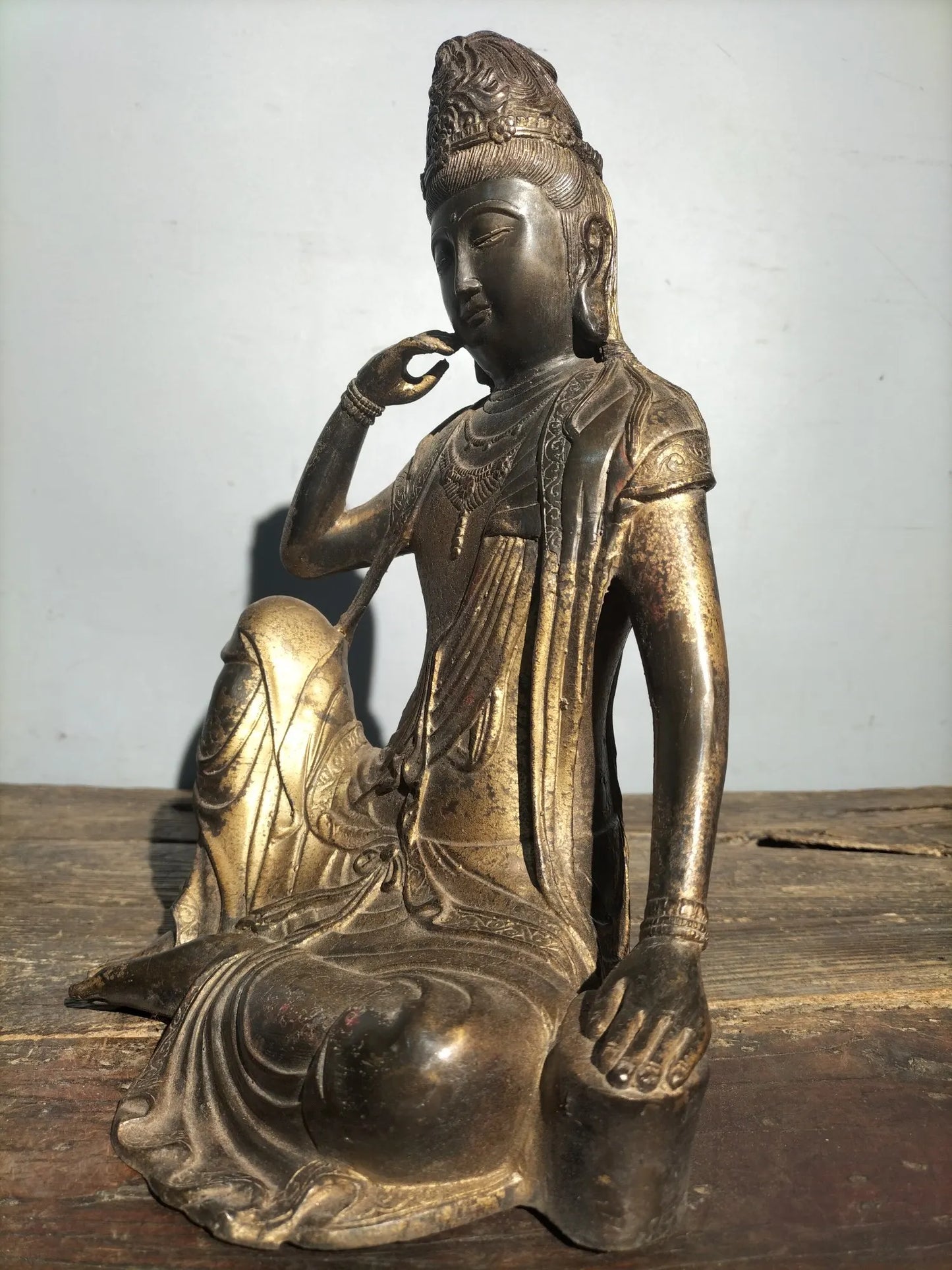 8"Tibetan Temple Collection Old Bronze Cinnabar Gilt Free Avalokitesvara Guanyin Bodhisattva Sitting Buddha Worship Hall