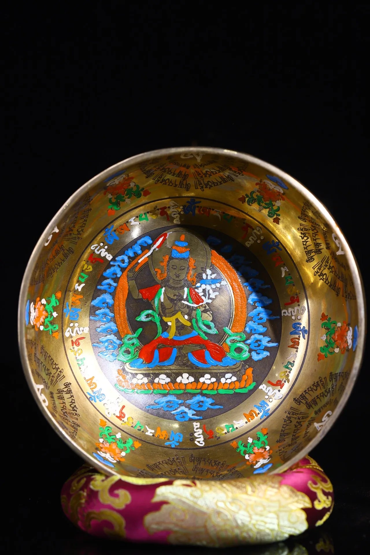 8"Tibetan Temple Collection Old Bronze Cinnabar Gilt Tracing Buddha Sound Bowl Manjushri Bodhisattva Bowl Worship Hall