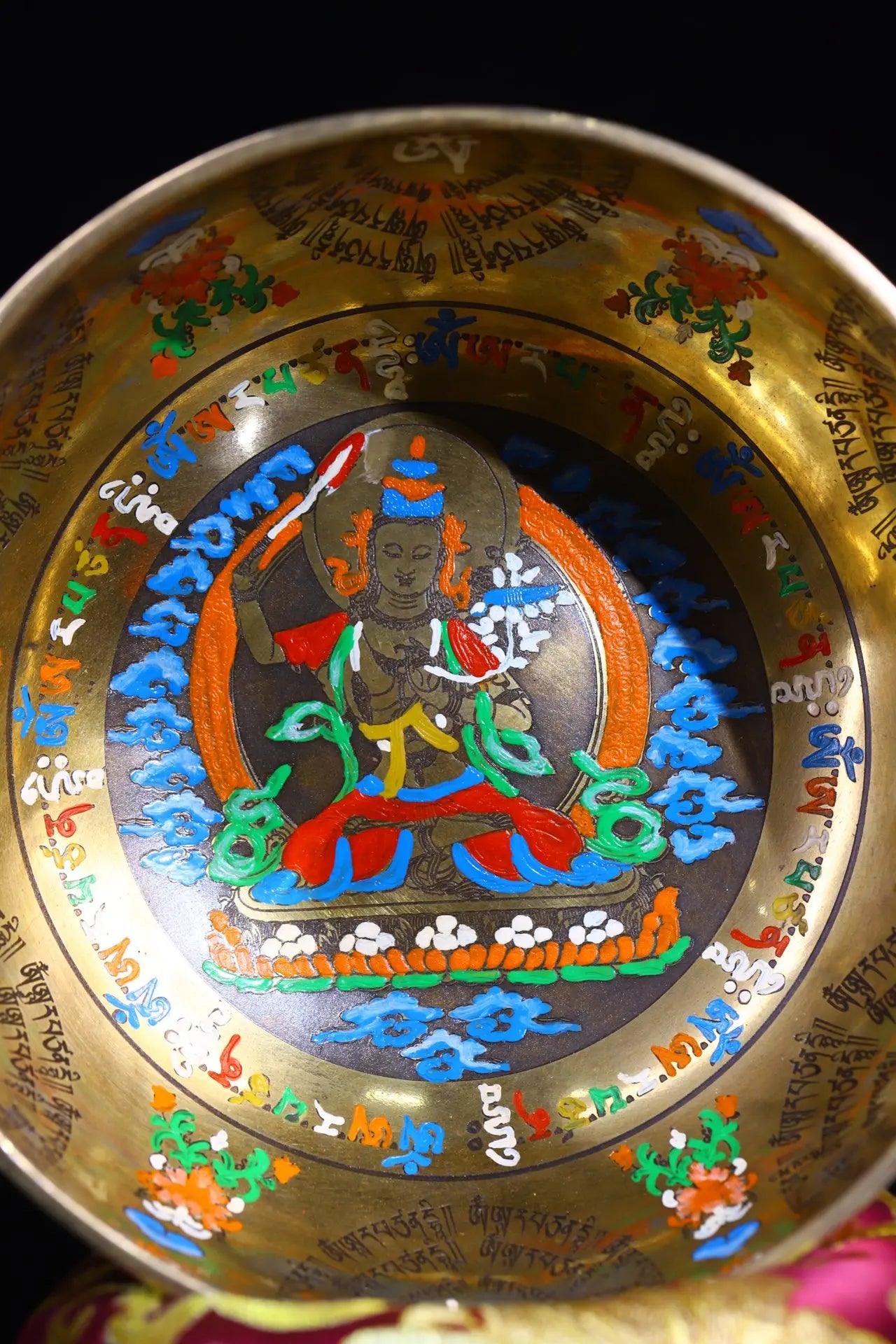 8"Tibetan Temple Collection Old Bronze Cinnabar Gilt Tracing Buddha Sound Bowl Manjushri Bodhisattva Bowl Worship Hall