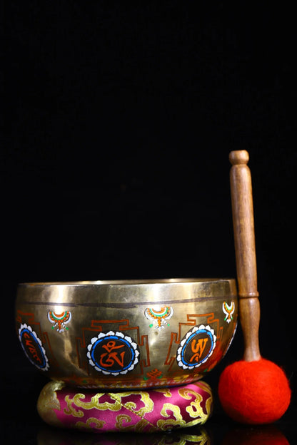 8"Tibetan Temple Collection Old Bronze Cinnabar Gilt Tracing Buddha Sound Bowl Manjushri Bodhisattva Bowl Worship Hall