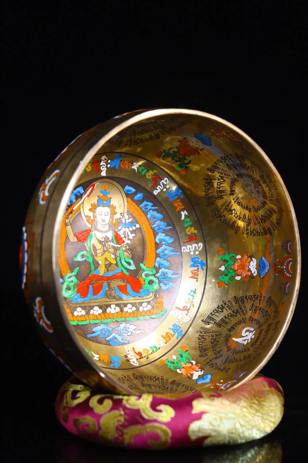 8"Tibetan Temple Collection Old Bronze Cinnabar Gilt Tracing Buddha Sound Bowl Manjushri Bodhisattva Bowl Worship Hall