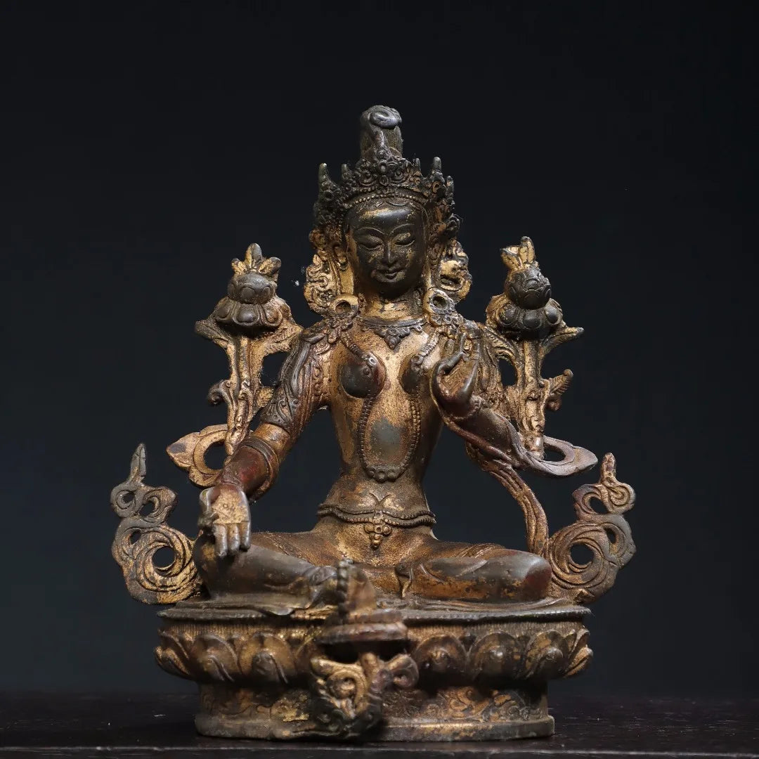 8"Tibetan Temple Collection Old Bronze Cinnabar Mud gold Green Tara Lotus Terrace Sitting Buddha Worship Hall Town House