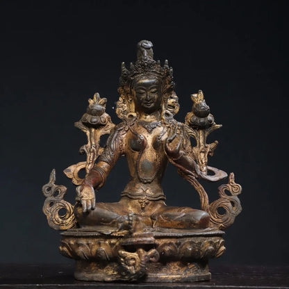 8"Tibetan Temple Collection Old Bronze Cinnabar Mud gold Green Tara Lotus Terrace Sitting Buddha Worship Hall Town House
