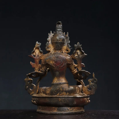 8"Tibetan Temple Collection Old Bronze Cinnabar Mud gold Green Tara Lotus Terrace Sitting Buddha Worship Hall Town House
