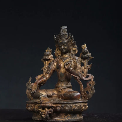8"Tibetan Temple Collection Old Bronze Cinnabar Mud gold Green Tara Lotus Terrace Sitting Buddha Worship Hall Town House