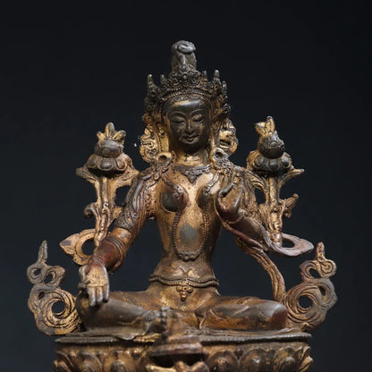 8"Tibetan Temple Collection Old Bronze Cinnabar Mud gold Green Tara Lotus Terrace Sitting Buddha Worship Hall Town House
