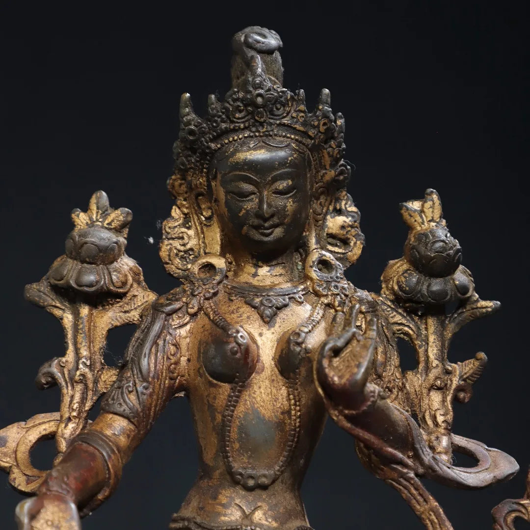8"Tibetan Temple Collection Old Bronze Cinnabar Mud gold Green Tara Lotus Terrace Sitting Buddha Worship Hall Town House