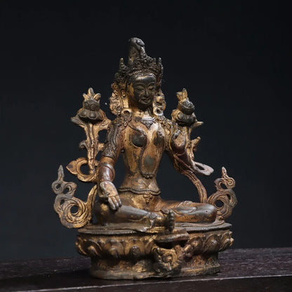 8"Tibetan Temple Collection Old Bronze Cinnabar Mud gold Green Tara Lotus Terrace Sitting Buddha Worship Hall Town House