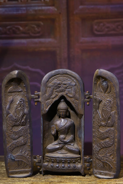 8"Tibetan Temple Collection Old Bronze Cinnabar Shakyamuni Buddha Snake statue Three open Box Worship Hall Town house Exorcism