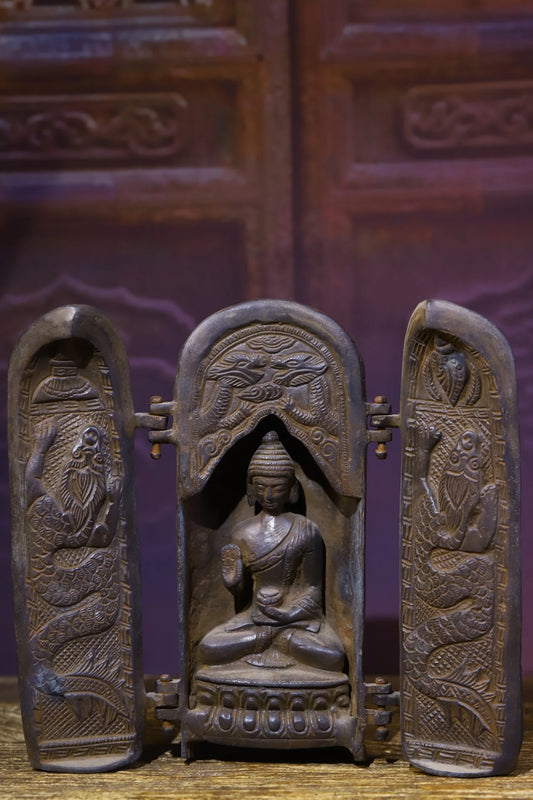 8"Tibetan Temple Collection Old Bronze Cinnabar Shakyamuni Buddha Snake statue Three open Box Worship Hall Town house Exorcism