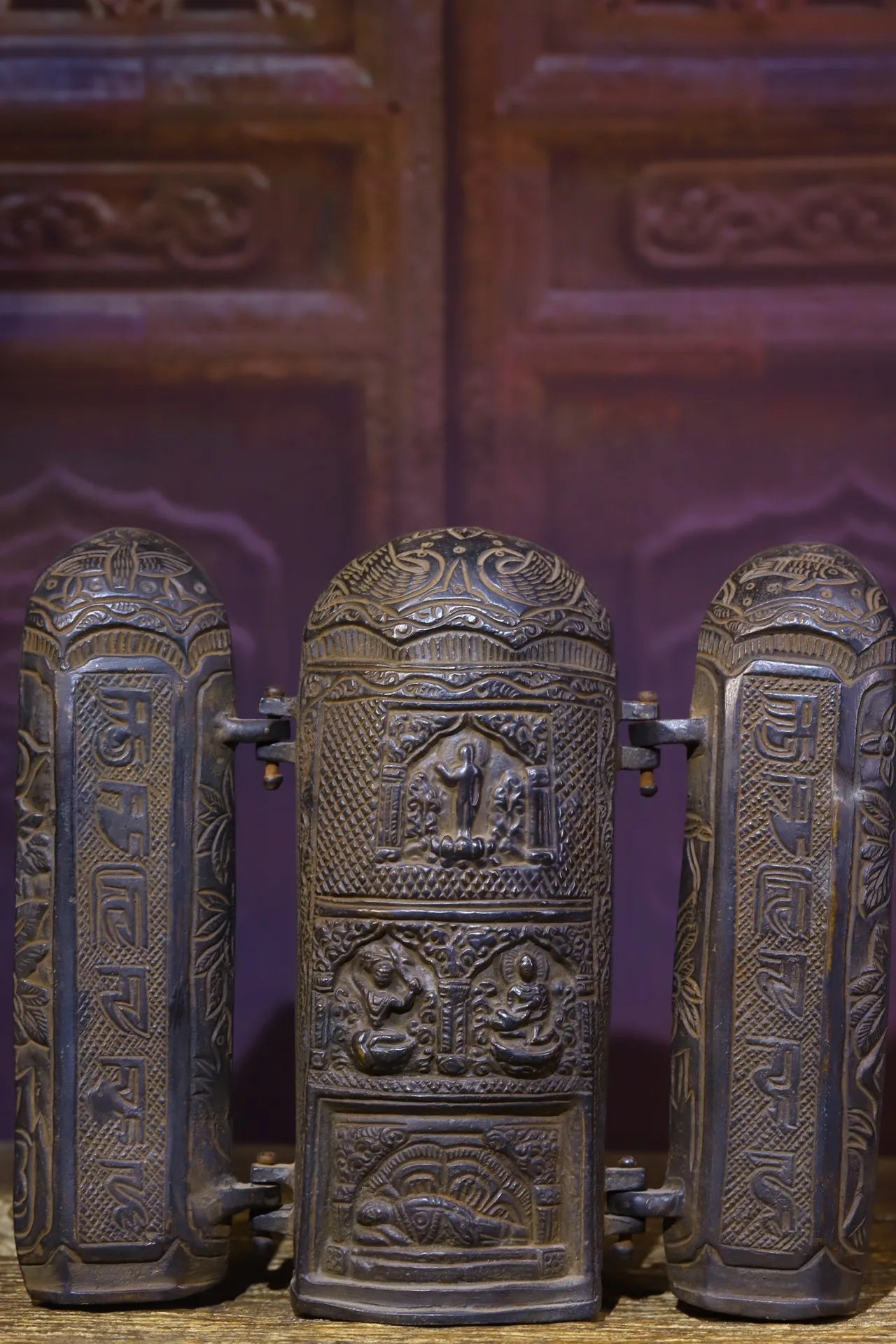 8"Tibetan Temple Collection Old Bronze Cinnabar Shakyamuni Buddha Snake statue Three open Box Worship Hall Town house Exorcism