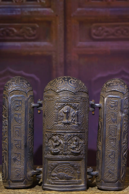 8"Tibetan Temple Collection Old Bronze Cinnabar Shakyamuni Buddha Snake statue Three open Box Worship Hall Town house Exorcism