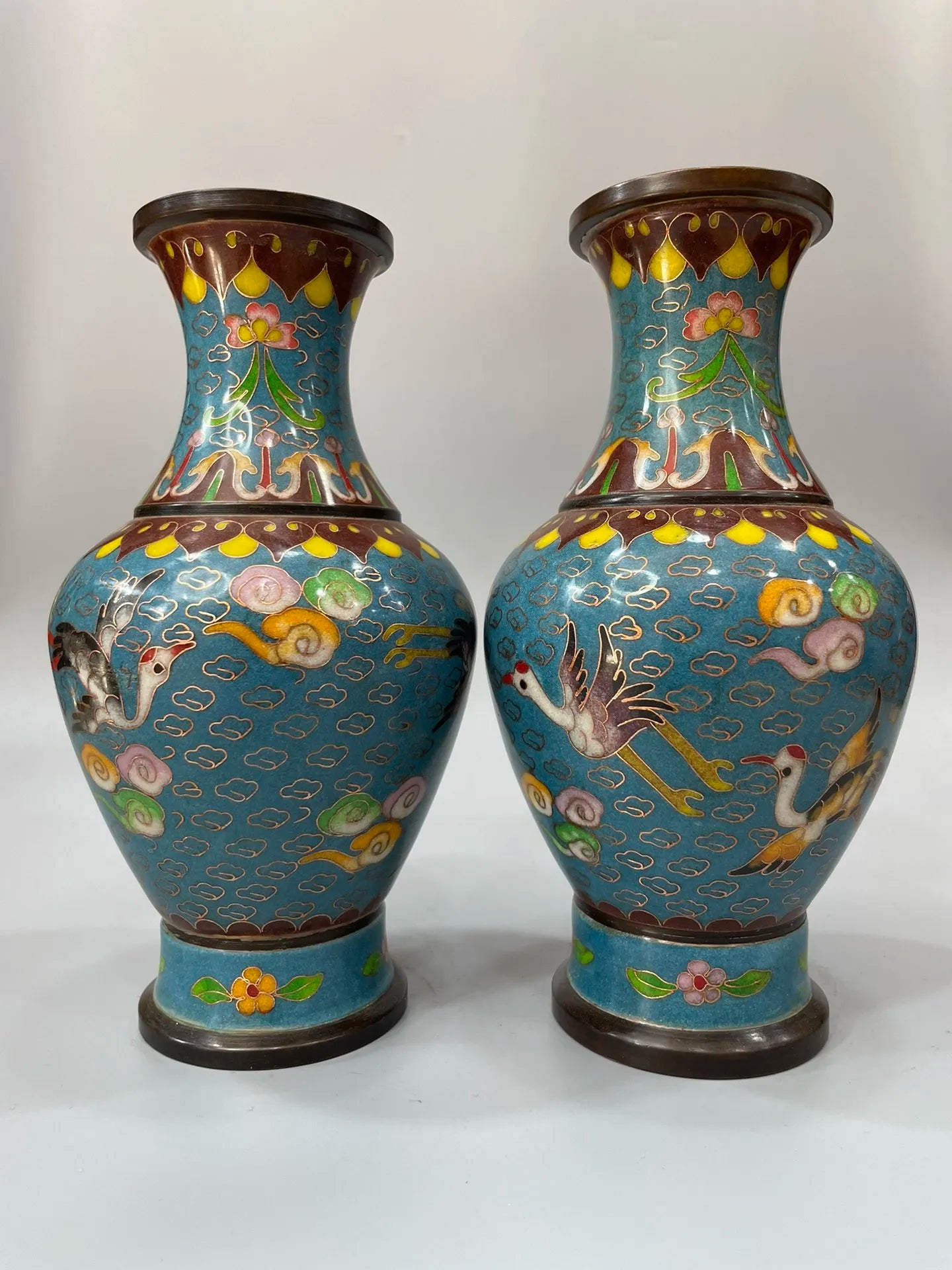 8"Tibetan Temple Collection Old Bronze Cloisonne Enamel Crane Cloud Pattern Flower Vase A Pair Appreciating Bottles Ornaments