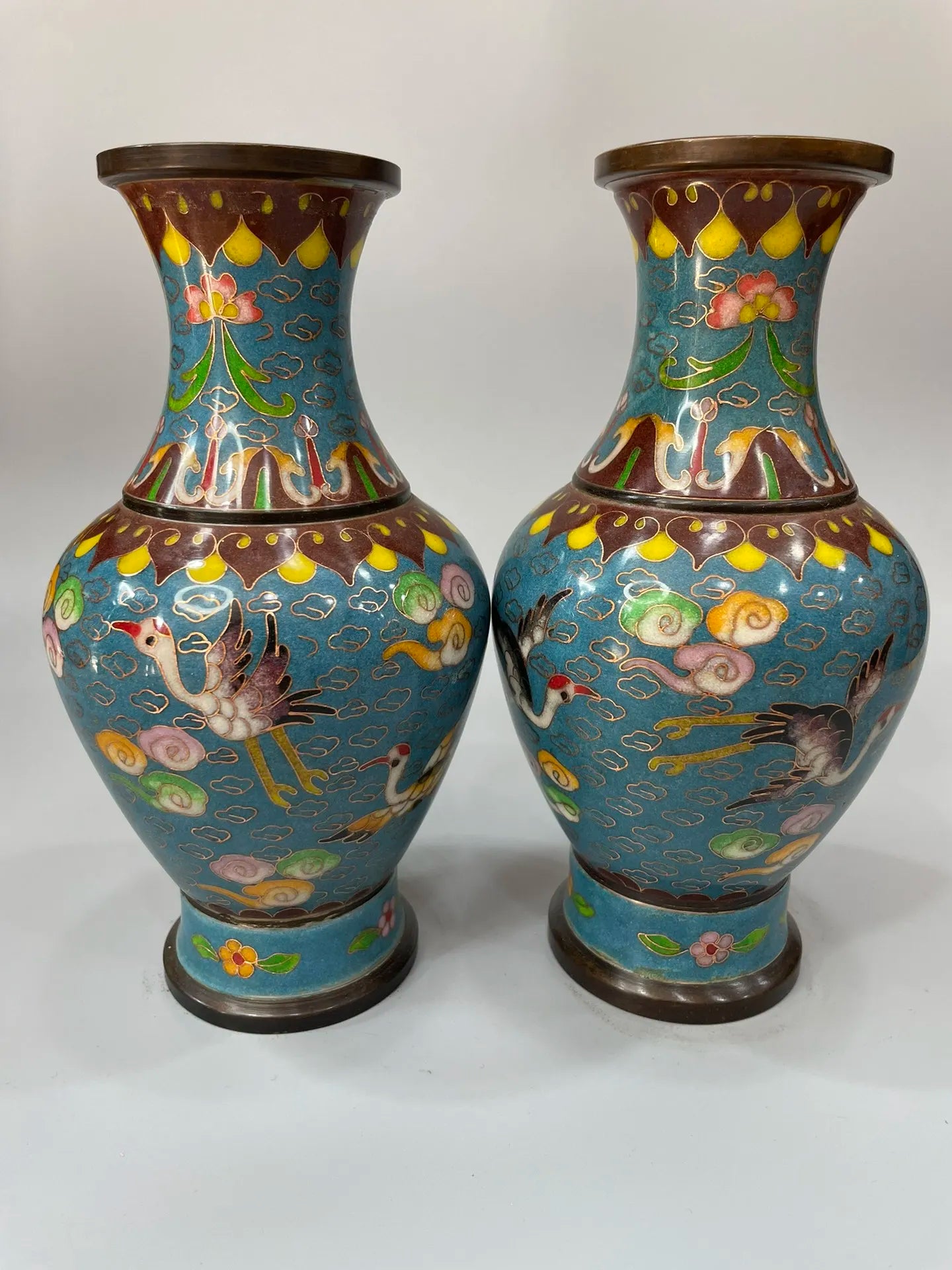 8"Tibetan Temple Collection Old Bronze Cloisonne Enamel Crane Cloud Pattern Flower Vase A Pair Appreciating Bottles Ornaments