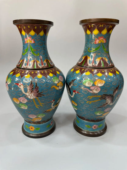8"Tibetan Temple Collection Old Bronze Cloisonne Enamel Crane Cloud Pattern Flower Vase A Pair Appreciating Bottles Ornaments