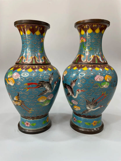 8"Tibetan Temple Collection Old Bronze Cloisonne Enamel Crane Cloud Pattern Flower Vase A Pair Appreciating Bottles Ornaments