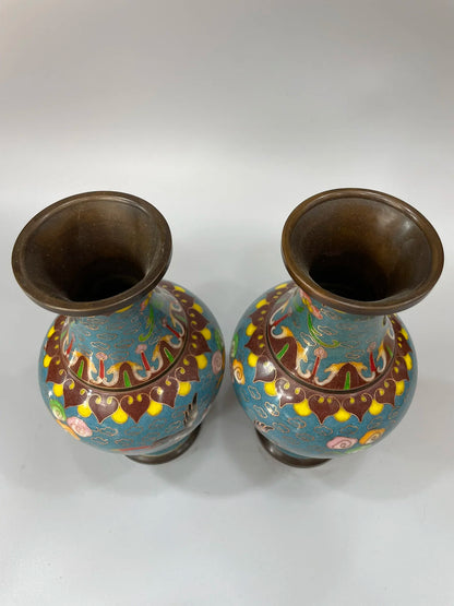 8"Tibetan Temple Collection Old Bronze Cloisonne Enamel Crane Cloud Pattern Flower Vase A Pair Appreciating Bottles Ornaments