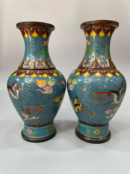 8"Tibetan Temple Collection Old Bronze Cloisonne Enamel Crane Cloud Pattern Flower Vase A Pair Appreciating Bottles Ornaments