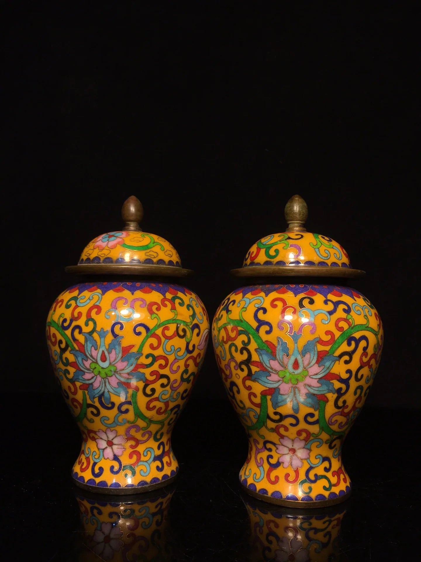 8"Tibetan Temple Collection Old Bronze Cloisonne Enamel Floral Texture General Jar Canister A pair Amass wealth Ornaments