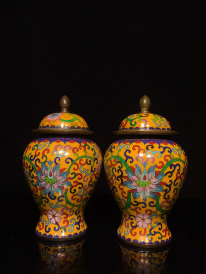 8"Tibetan Temple Collection Old Bronze Cloisonne Enamel Floral Texture General Jar Canister A pair Amass wealth Ornaments