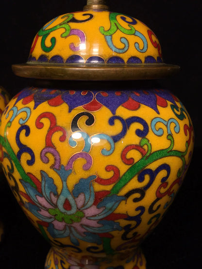 8"Tibetan Temple Collection Old Bronze Cloisonne Enamel Floral Texture General Jar Canister A pair Amass wealth Ornaments