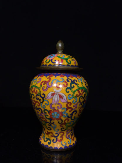 8"Tibetan Temple Collection Old Bronze Cloisonne Enamel Floral Texture General Jar Canister A pair Amass wealth Ornaments