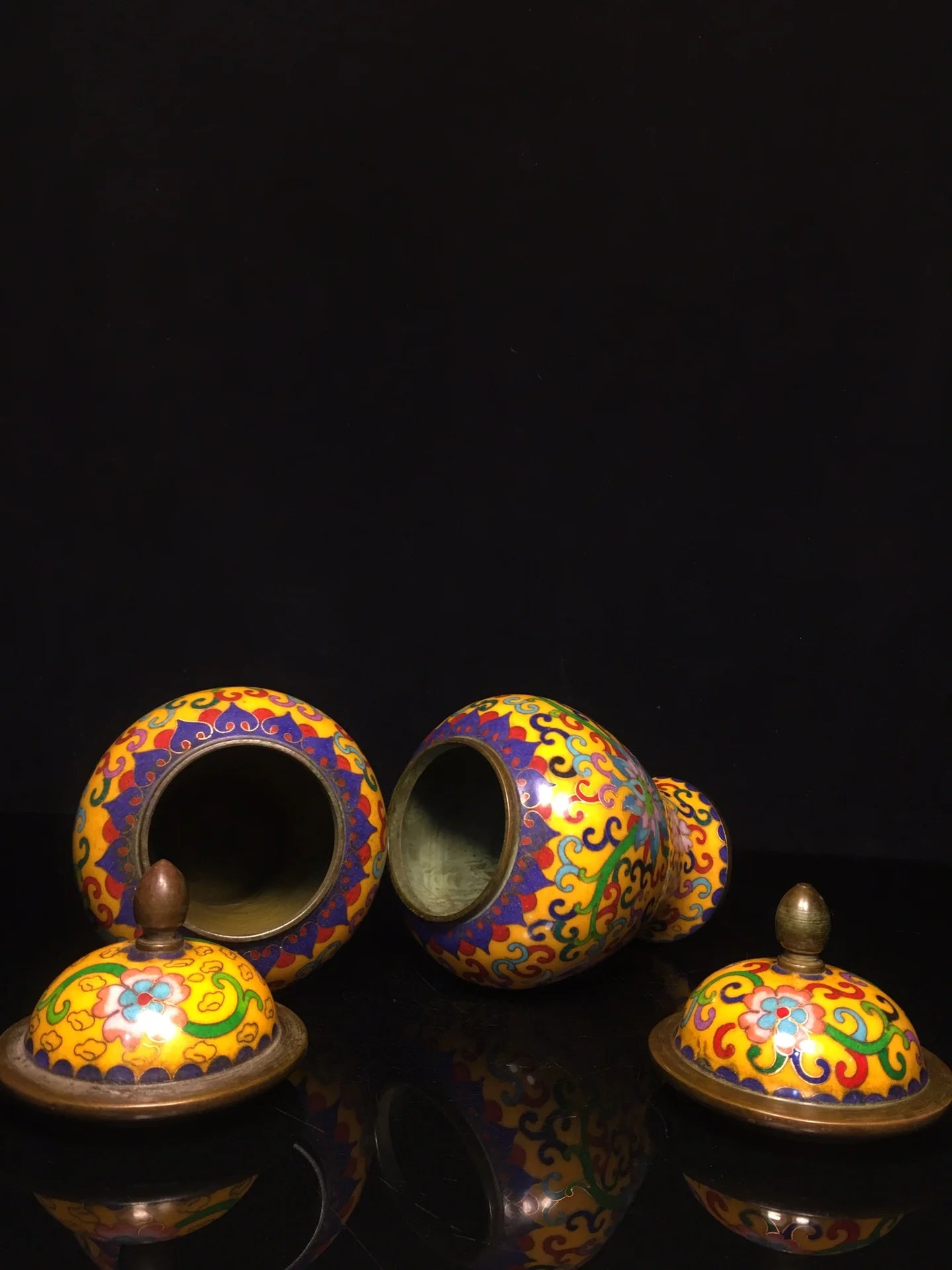 8"Tibetan Temple Collection Old Bronze Cloisonne Enamel Floral Texture General Jar Canister A pair Amass wealth Ornaments
