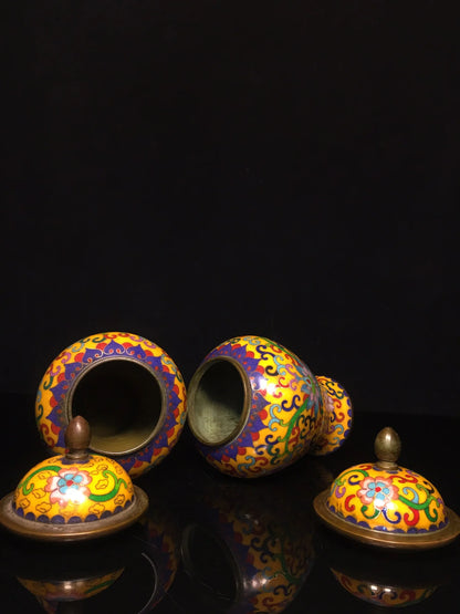 8"Tibetan Temple Collection Old Bronze Cloisonne Enamel Floral Texture General Jar Canister A pair Amass wealth Ornaments