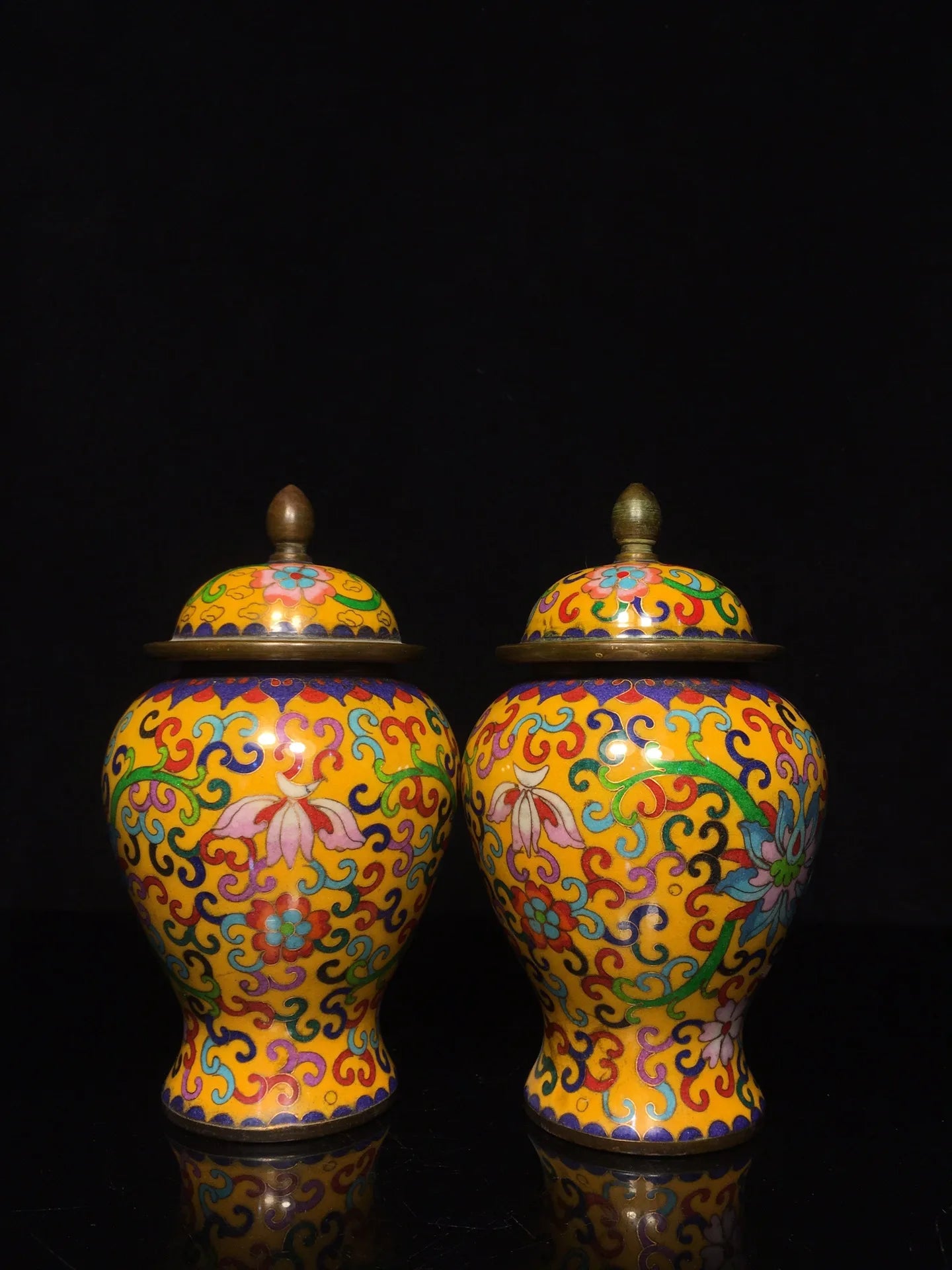 8"Tibetan Temple Collection Old Bronze Cloisonne Enamel Floral Texture General Jar Canister A pair Amass wealth Ornaments