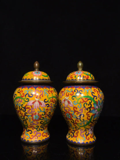 8"Tibetan Temple Collection Old Bronze Cloisonne Enamel Floral Texture General Jar Canister A pair Amass wealth Ornaments