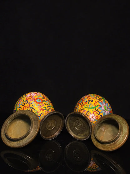 8"Tibetan Temple Collection Old Bronze Cloisonne Enamel Floral Texture General Jar Canister A pair Amass wealth Ornaments