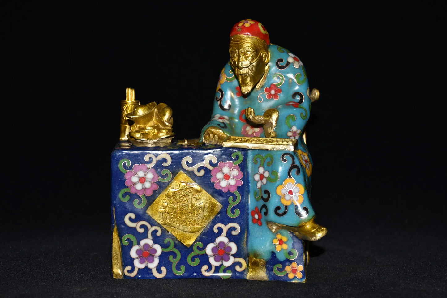 8" Tibetan Temple Collection Old Bronze Cloisonne Enamel Mr. Bookkeeper Ingots coin landlord boss Gather fortune ornament
