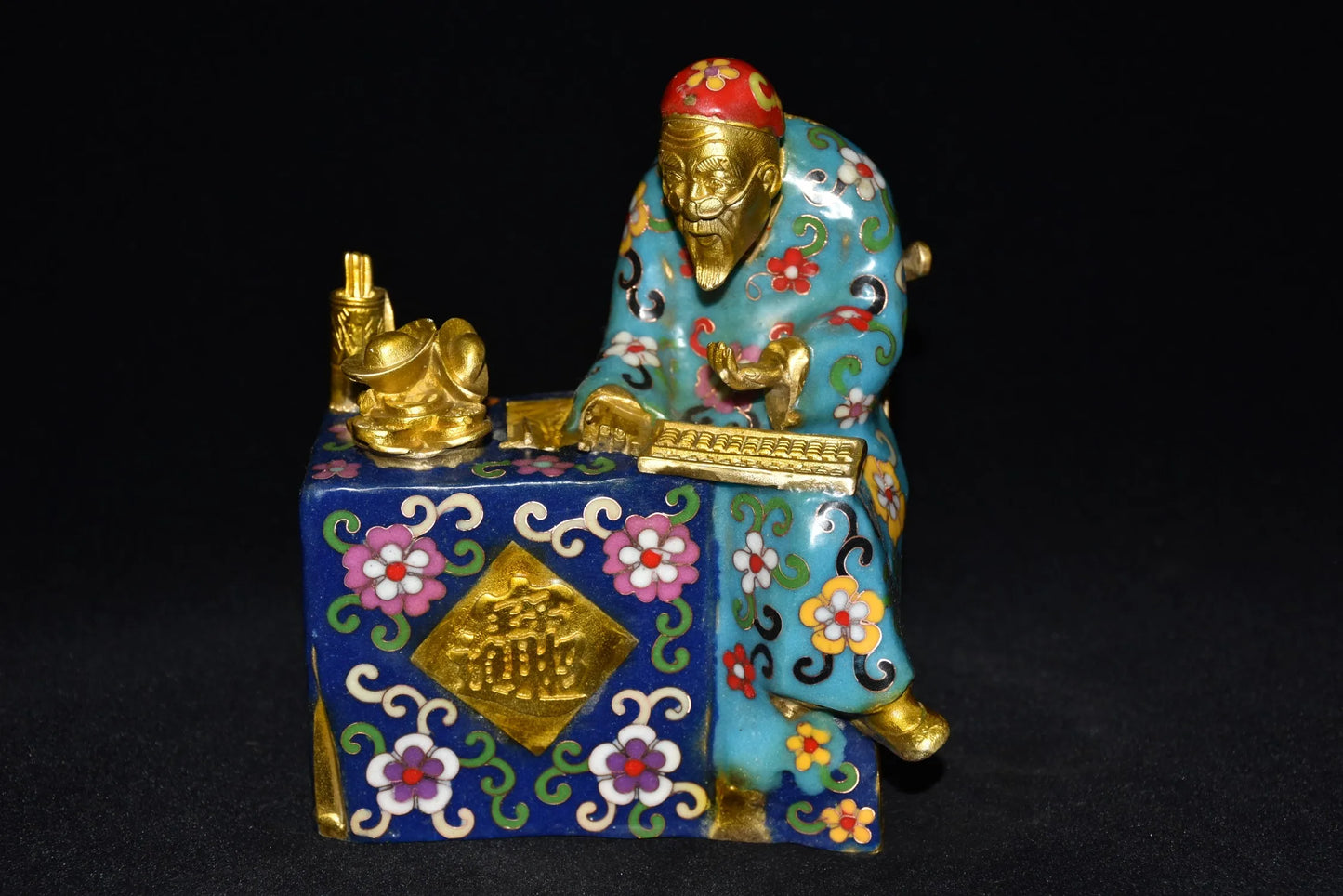 8" Tibetan Temple Collection Old Bronze Cloisonne Enamel Mr. Bookkeeper Ingots coin landlord boss Gather fortune ornament