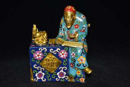 8" Tibetan Temple Collection Old Bronze Cloisonne Enamel Mr. Bookkeeper Ingots coin landlord boss Gather fortune ornament