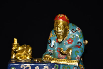 8" Tibetan Temple Collection Old Bronze Cloisonne Enamel Mr. Bookkeeper Ingots coin landlord boss Gather fortune ornament
