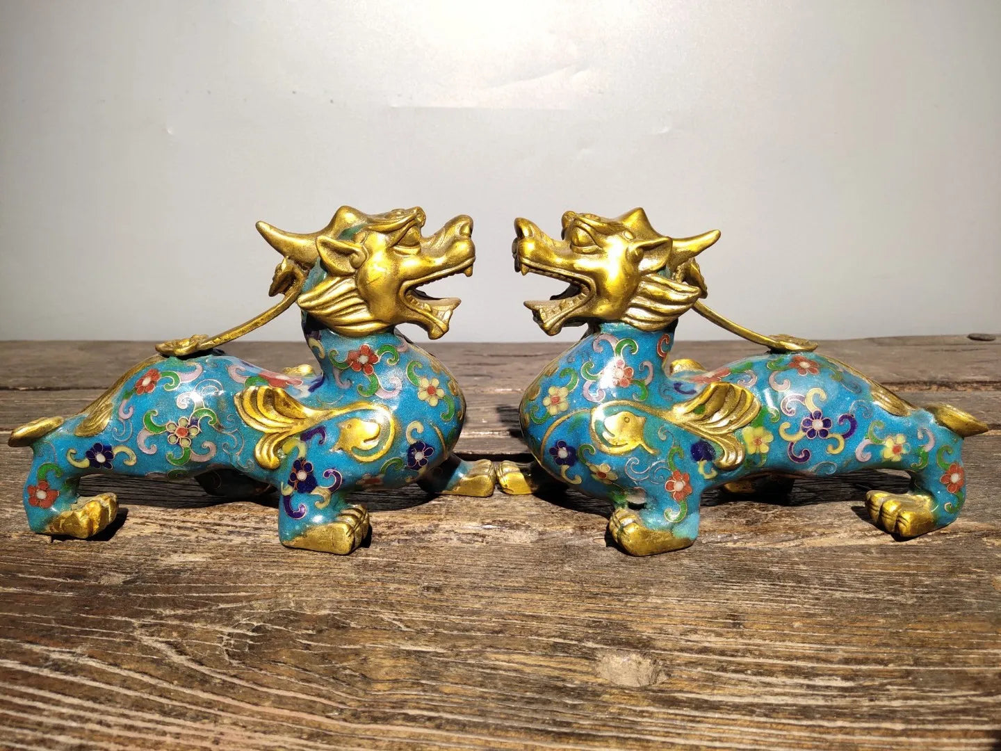 8"Tibetan Temple Collection Old Bronze Cloisonne Gilt Kirin Unicorn Statue a pair door god ornament Town house Exorcism