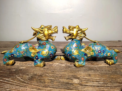 8"Tibetan Temple Collection Old Bronze Cloisonne Gilt Kirin Unicorn Statue a pair door god ornament Town house Exorcism