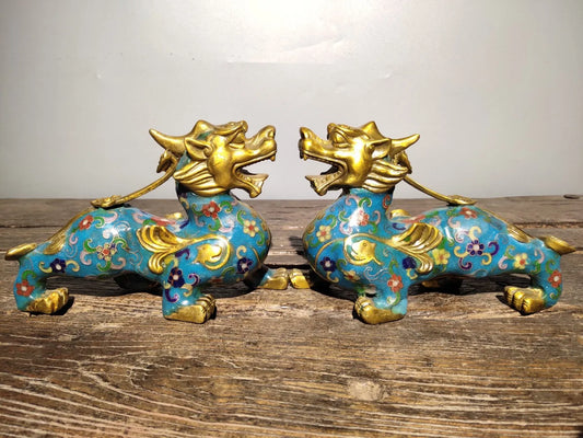 8"Tibetan Temple Collection Old Bronze Cloisonne Gilt Kirin Unicorn Statue a pair door god ornament Town house Exorcism