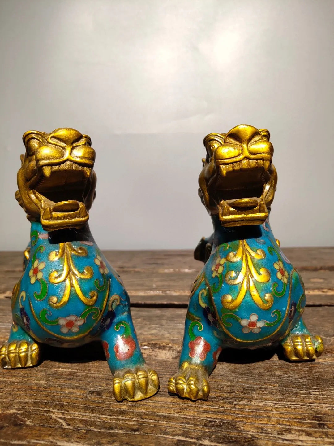 8"Tibetan Temple Collection Old Bronze Cloisonne Gilt Kirin Unicorn Statue a pair door god ornament Town house Exorcism