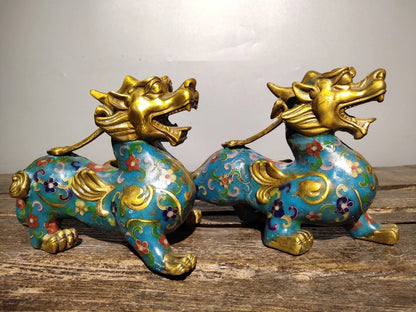 8"Tibetan Temple Collection Old Bronze Cloisonne Gilt Kirin Unicorn Statue a pair door god ornament Town house Exorcism