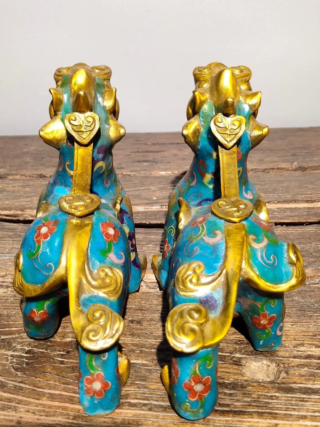 8"Tibetan Temple Collection Old Bronze Cloisonne Gilt Kirin Unicorn Statue a pair door god ornament Town house Exorcism