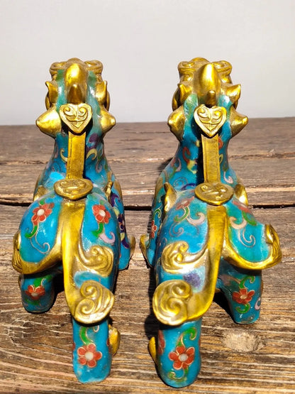 8"Tibetan Temple Collection Old Bronze Cloisonne Gilt Kirin Unicorn Statue a pair door god ornament Town house Exorcism