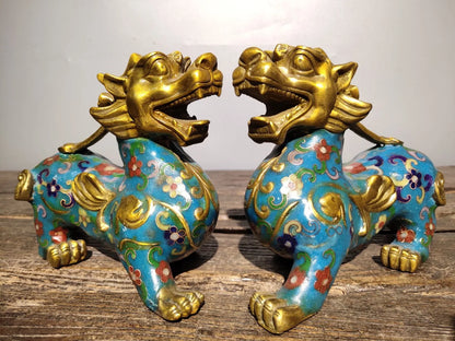 8"Tibetan Temple Collection Old Bronze Cloisonne Gilt Kirin Unicorn Statue a pair door god ornament Town house Exorcism