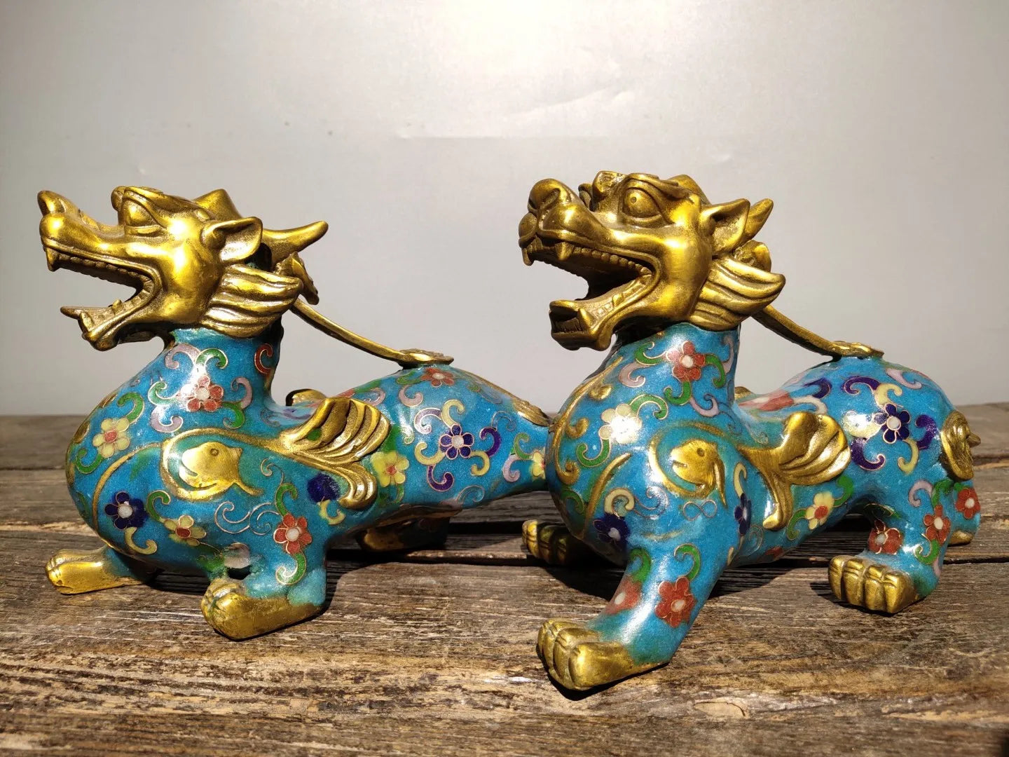 8"Tibetan Temple Collection Old Bronze Cloisonne Gilt Kirin Unicorn Statue a pair door god ornament Town house Exorcism