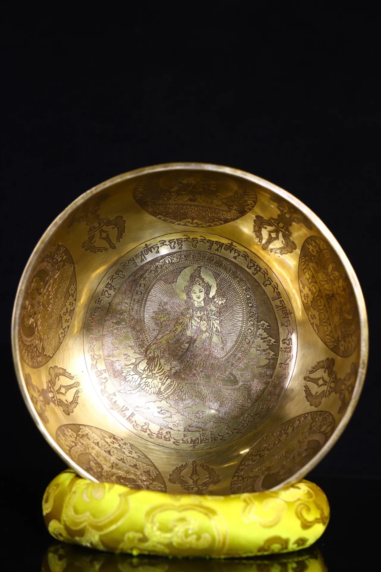 8"Tibetan Temple Collection Old Bronze Gilt Green Tara Bodhisattva Buddha Sound Bowl Prayer Bowl Amulet Dharma Worship Hall
